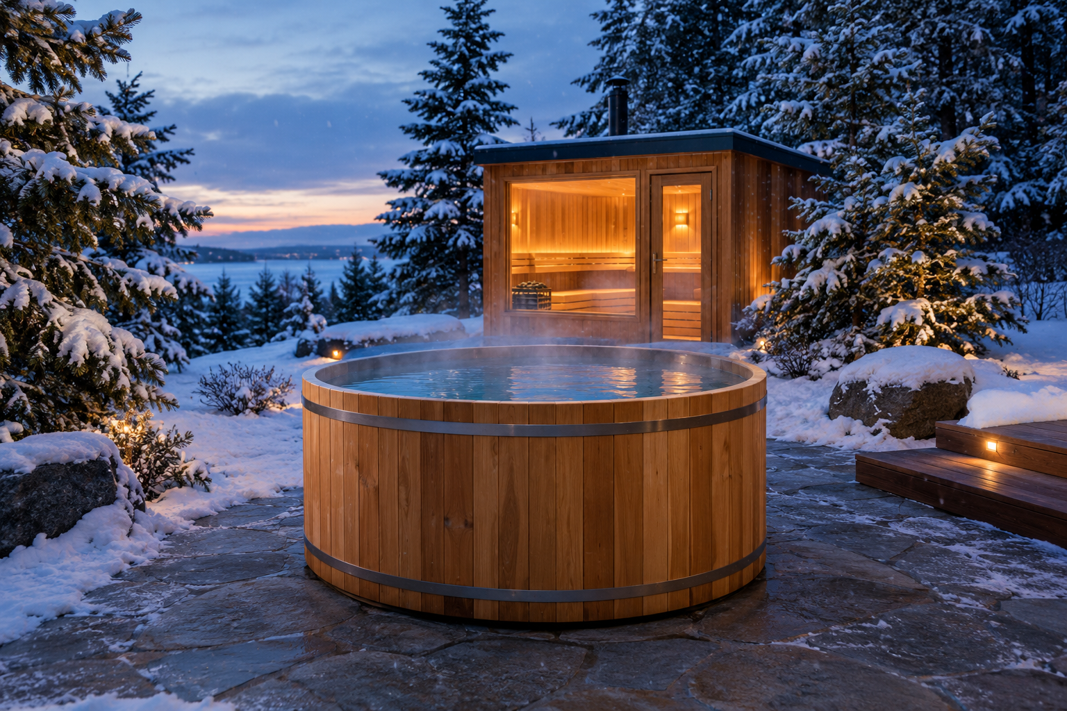 Outdoor cold plunge tub surrounded by snow in a winter