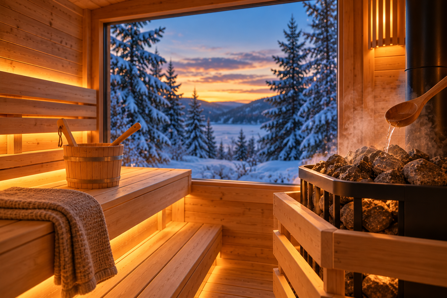 Warm sauna interior with steaming stones and a window view of a snowy forest
