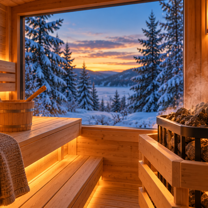 Warm sauna interior with steaming stones and a window view of a snowy forest