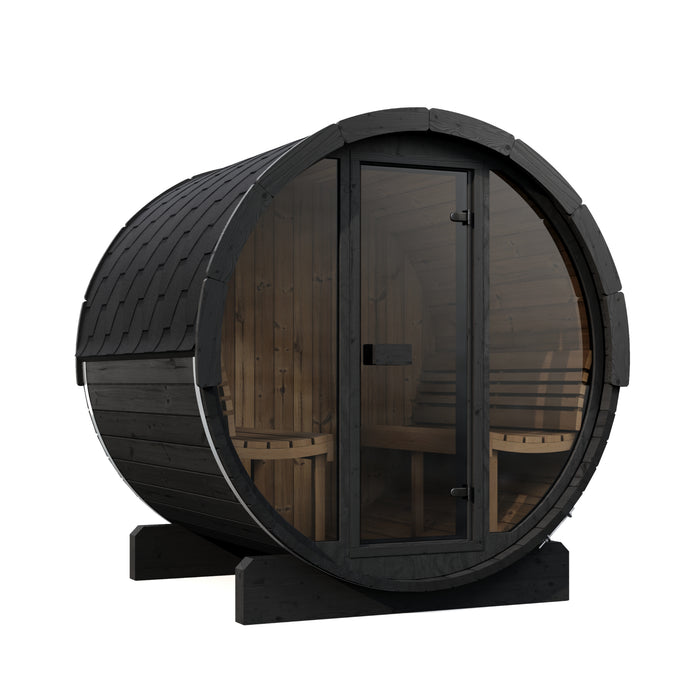 SaunaLife Model E7GB Ergo-Series 4-Person Traditional Outdoor Barrel Sauna with Full-Glass Front