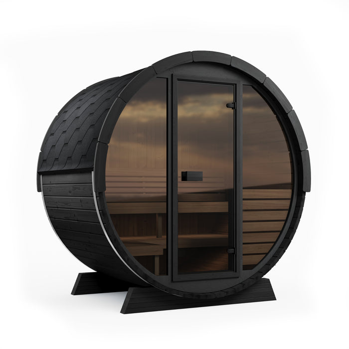 SaunaLife Model EE6GB Ergo Elegance-Series 4-Person Traditional Outdoor Barrel Sauna with Full-Glass Front