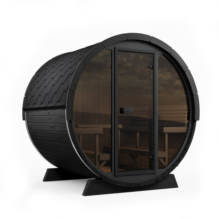 SaunaLife Model EE8GB Ergo Elegance-Series 6-Person Traditional Outdoor Barrel Sauna with Full-Glass Front