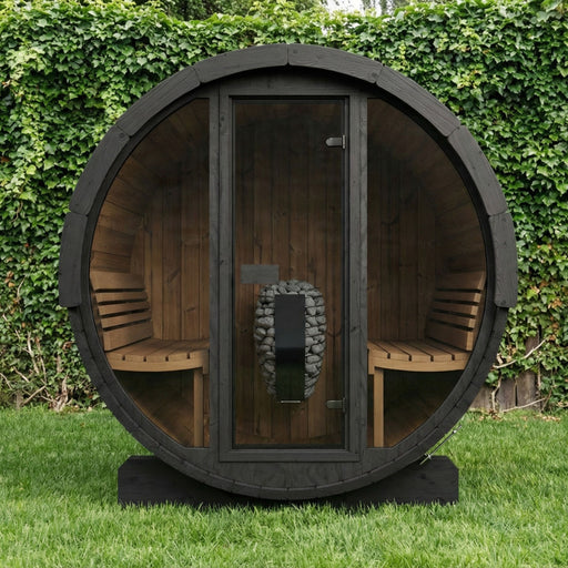 SaunaLife Model E7GB Ergo-Series 4-Person Traditional Outdoor Barrel Sauna with Full-Glass Front