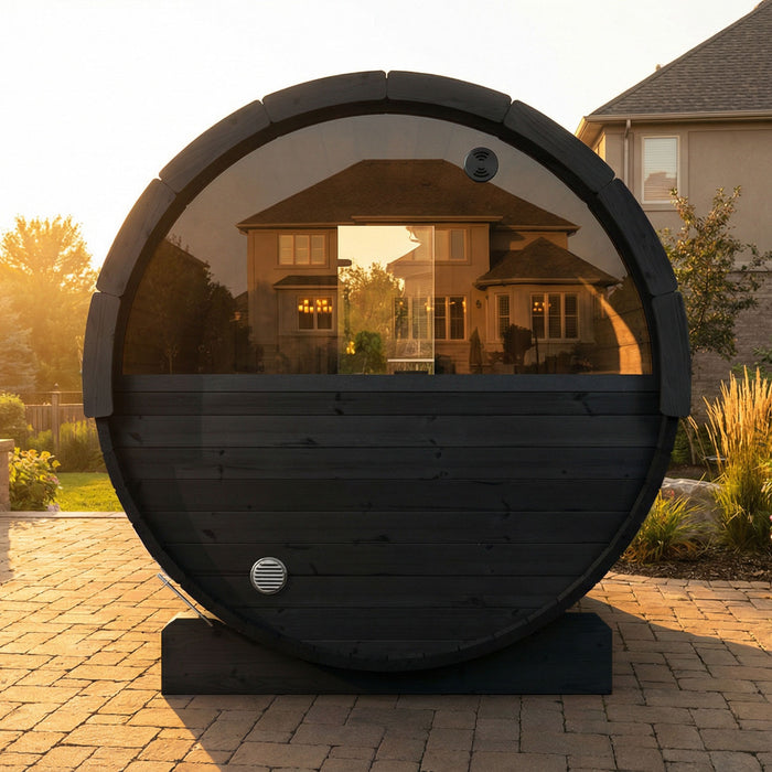 SaunaLife Model E7WB Ergo-Series 4-Person Traditional Outdoor Barrel Sauna with Rear Window