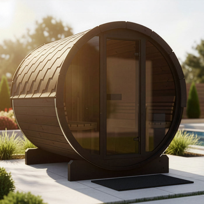 SaunaLife Model E8GB Ergo-Series 6-Person Traditional Outdoor Barrel Sauna with Full-Glass Front