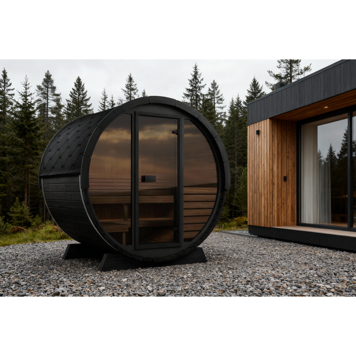 SaunaLife Model EE6GB Ergo Elegance-Series 4-Person Traditional Outdoor Barrel Sauna with Full-Glass Front