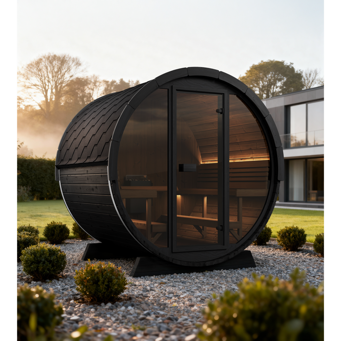 SaunaLife Model EE8GB Ergo Elegance-Series 6-Person Traditional Outdoor Barrel Sauna with Full-Glass Front