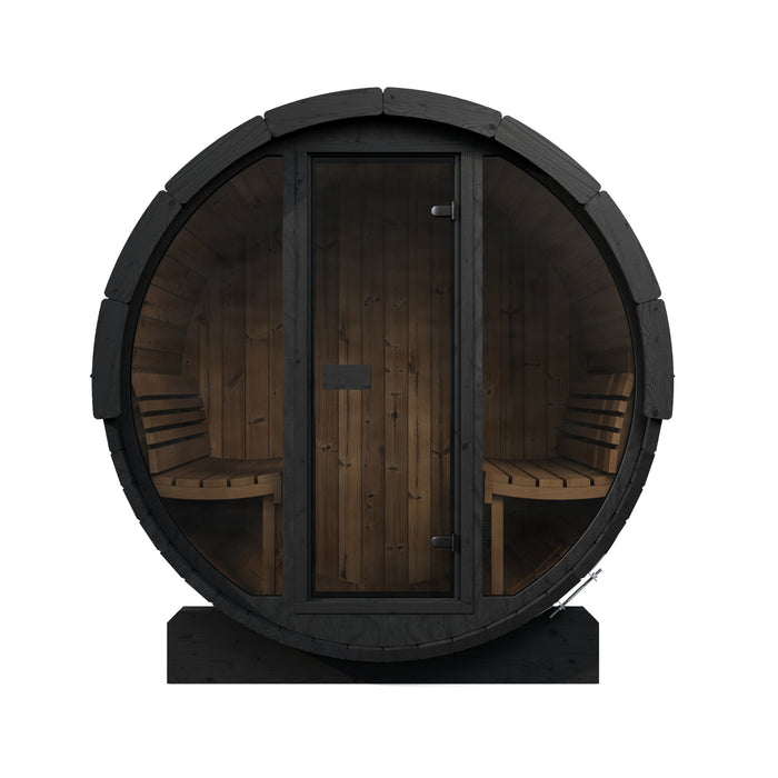 SaunaLife Model E7GB Ergo-Series 4-Person Traditional Outdoor Barrel Sauna with Full-Glass Front