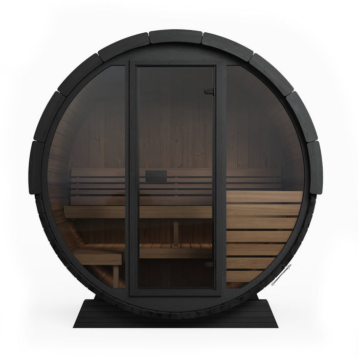 SaunaLife Model EE6GB Ergo Elegance-Series 4-Person Traditional Outdoor Barrel Sauna with Full-Glass Front