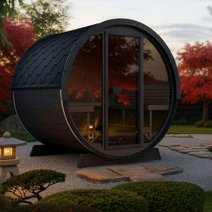 SaunaLife Model EE8GB Ergo Elegance-Series 6-Person Traditional Outdoor Barrel Sauna with Full-Glass Front