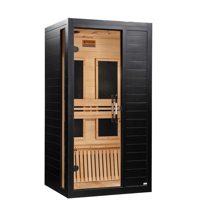 Dynamic Veneto Black Finish 1-2 Person Low EMF Far Infrared Sauna with heater against back | DYN-6115-06