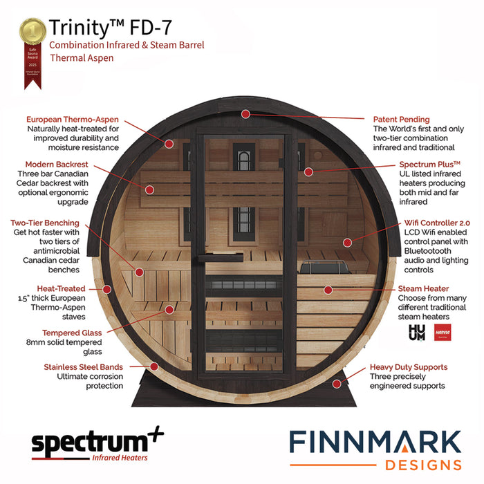 Finnmark Trinity FD-7 4-Person Thermo-Aspen Combination Traditional + Infrared Barrel Sauna | FD-KN007