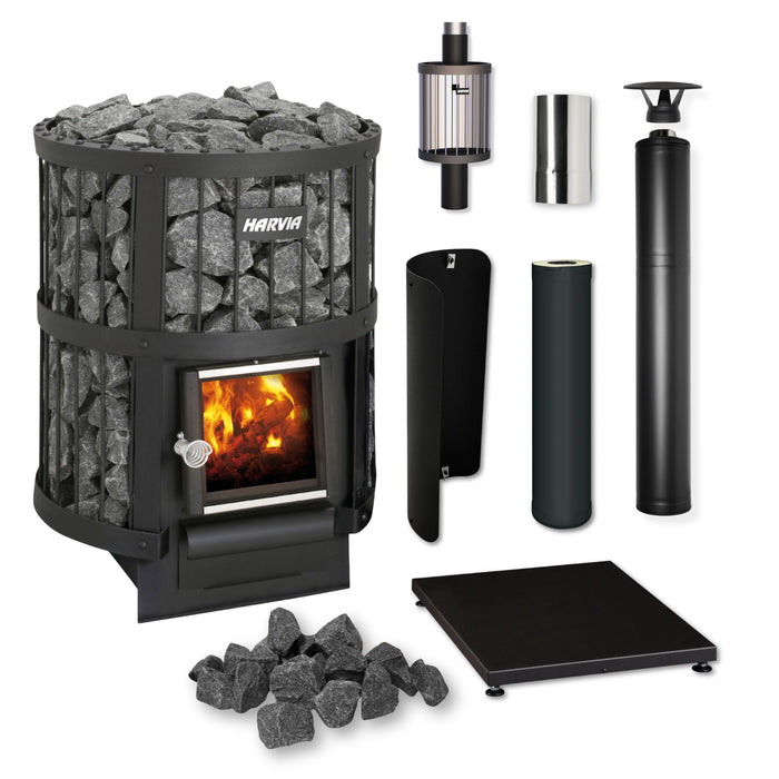 Harvia Legend 150 16kW Wood-Burning Sauna Stove Package with Chimney Kit & Water Heater (Black)