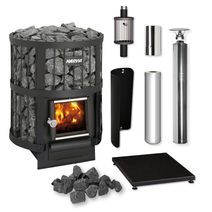 Harvia Legend 150 16kW Wood-Burning Sauna Stove Package with Chimney Kit & Water Heater (Stainless Steel)
