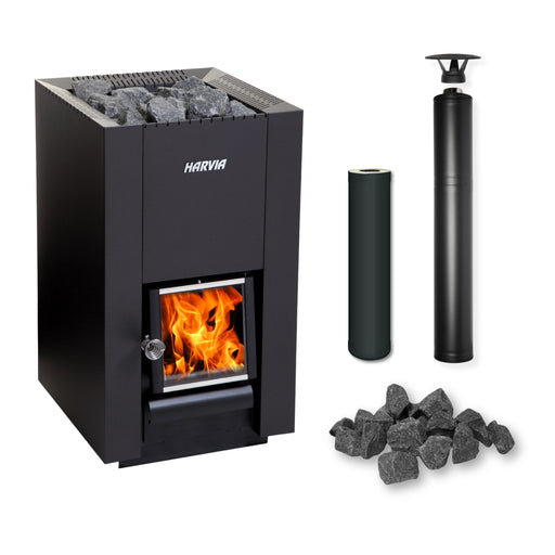 Harvia Linear 18 Compact Black Wood-Burning Sauna Stove Package with Chimney Kit (Black)