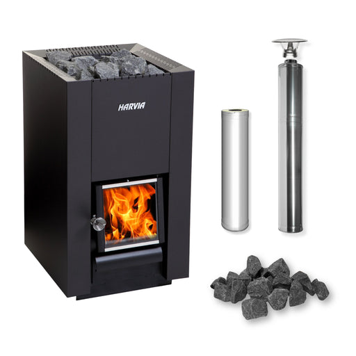 Harvia Linear 18 Compact Black Wood-Burning Sauna Stove Package with Chimney Kit (Stainless Steel)