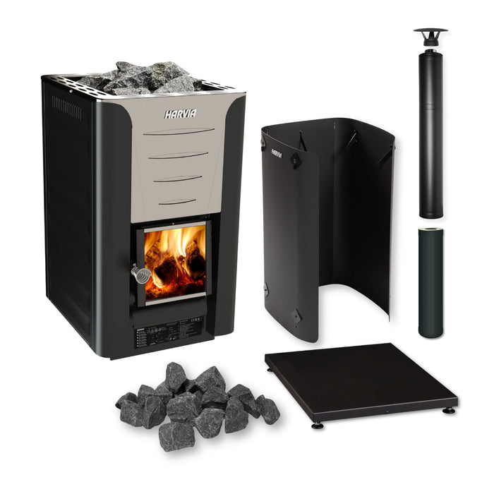 Harvia Pro 20 24kW Wood-Burning Sauna Stove Package with Chimney Kit (Black)