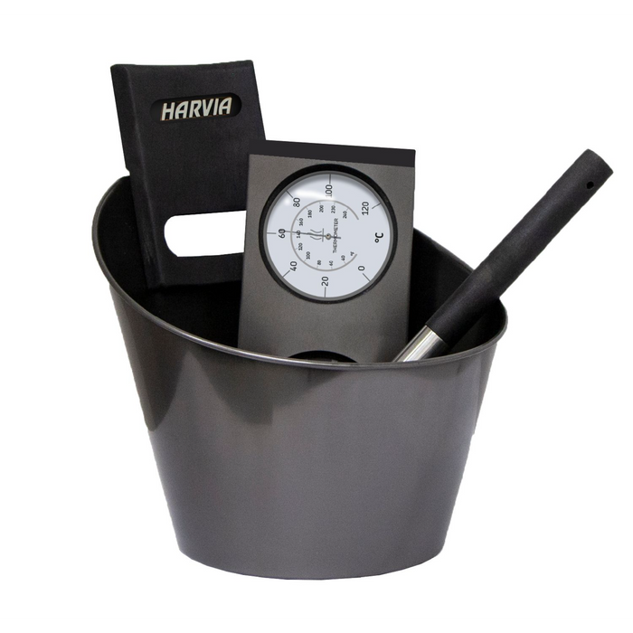 Harvia Sauna Accessory Set (Steel Bucket, Ladle, Thermometer, and Hygrometer)-Black | SA007