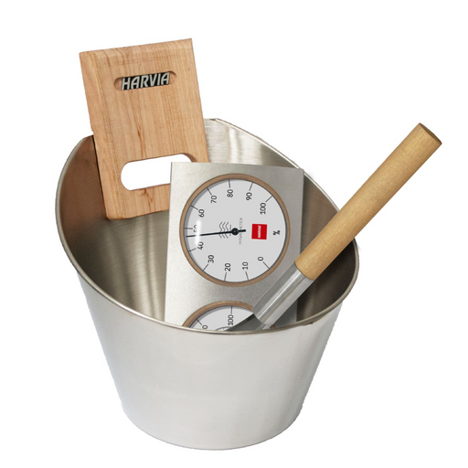 Harvia Sauna Accessory Set (Steel Bucket, Ladle, Thermometer, and Hygrometer) | SA006