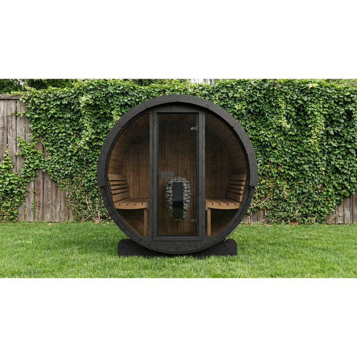SaunaLife Model E7GB Ergo-Series 4-Person Traditional Outdoor Barrel Sauna with Full-Glass Front