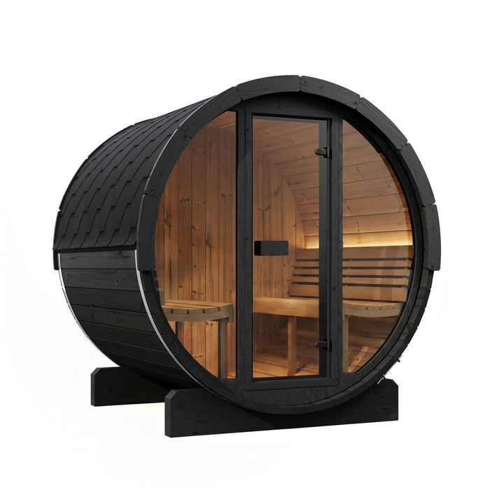 SaunaLife Model E7GB Ergo-Series 4-Person Traditional Outdoor Barrel Sauna with Full-Glass Front