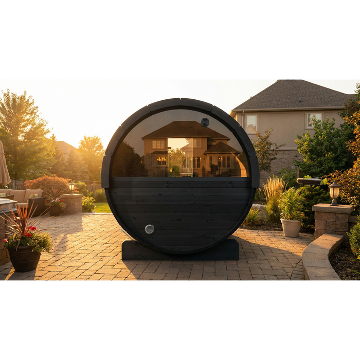 SaunaLife Model E7WB Ergo-Series 4-Person Traditional Outdoor Barrel Sauna with Rear Window