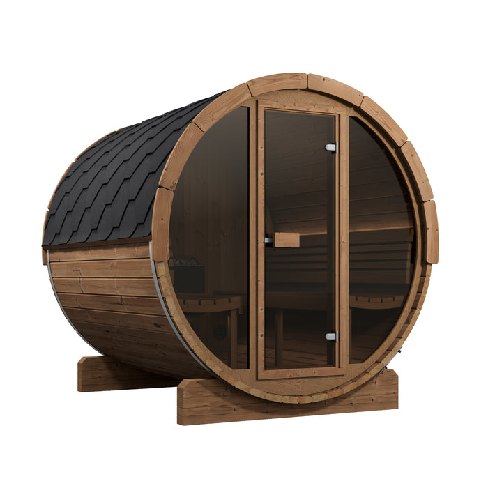 SaunaLife Model E8G Ergo-Series 6-Person Traditional Outdoor Barrel Sauna with Full-Glass Front