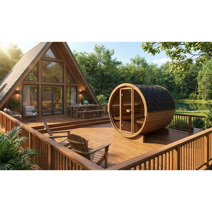 SaunaLife Model E8G Ergo-Series 6-Person Traditional Outdoor Barrel Sauna with Full-Glass Front