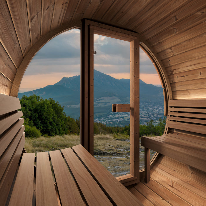 SaunaLife Model E8G Ergo-Series 6-Person Traditional Outdoor Barrel Sauna with Full-Glass Front