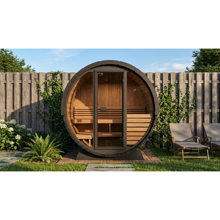 SaunaLife Model EE6GB Ergo Elegance-Series 4-Person Traditional Outdoor Barrel Sauna with Full-Glass Front
