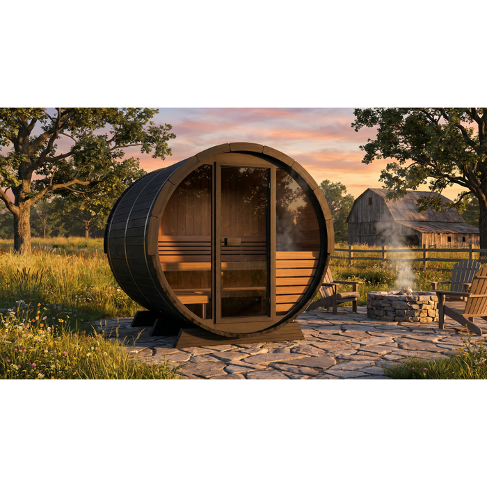 SaunaLife Model EE6GB Ergo Elegance-Series 4-Person Traditional Outdoor Barrel Sauna with Full-Glass Front