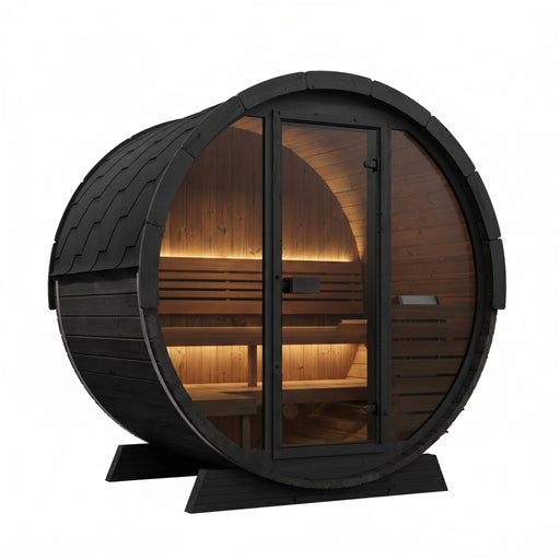 SaunaLife Model EE6GB Ergo Elegance-Series 4-Person Traditional Outdoor Barrel Sauna with Full-Glass Front