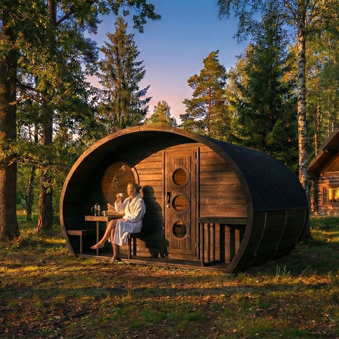 SaunaLife Model G11B Garden-Series 8-Person Traditional Outdoor Barrel Sauna with Changeroom