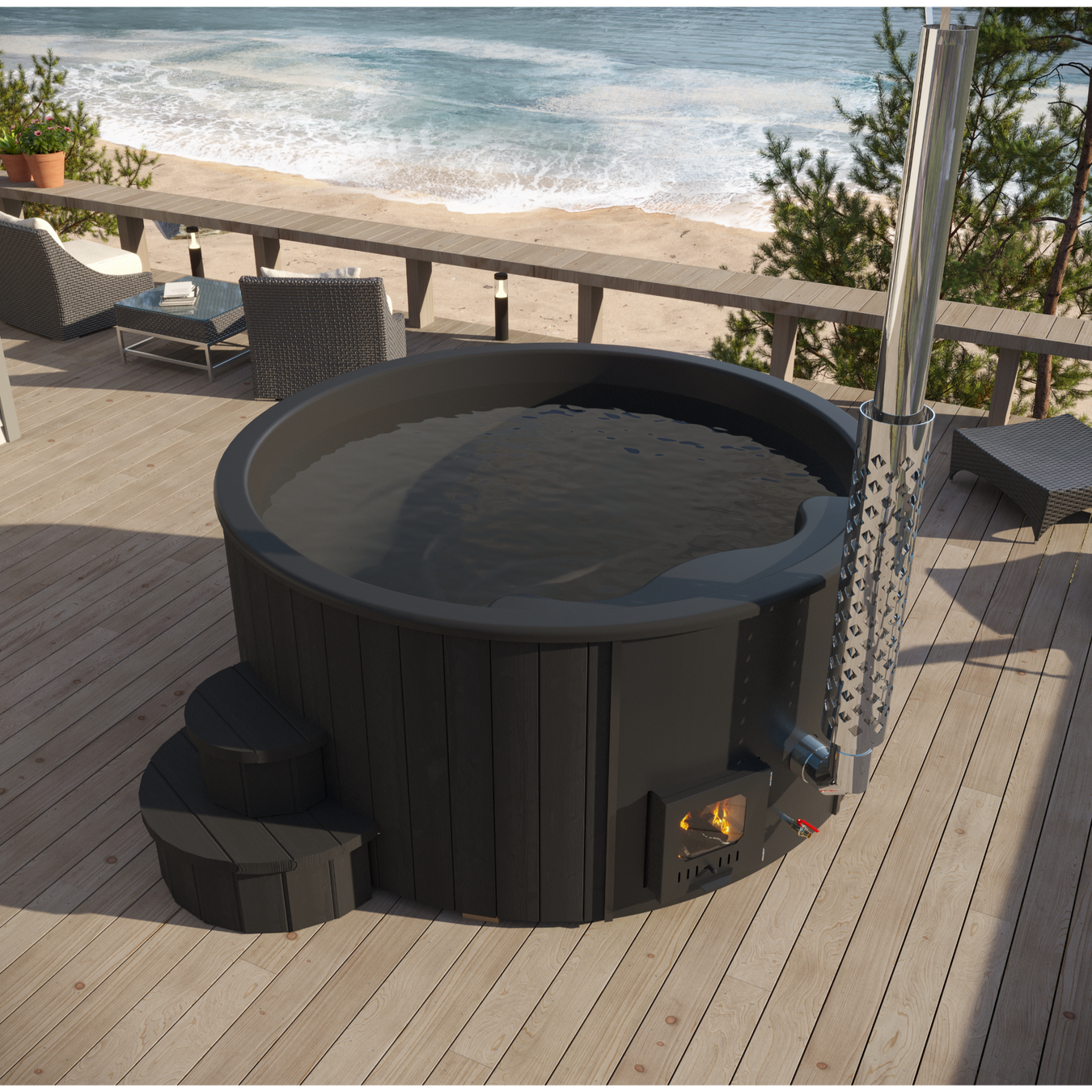 SaunaLife Model S4B Soak-Series 6-Person Wood Burning Hot Tub (Black)