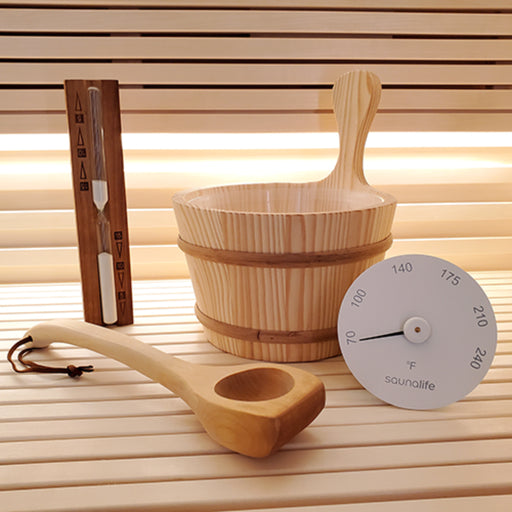 SaunaLife Essentials Set 1 (1-Gallon Wooden Sauna Bucket, Wood Ladle, Sand Timer, and White Thermometer)