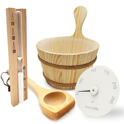 SaunaLife Essentials Set 1 (1-Gallon Wooden Sauna Bucket, Wood Ladle, Sand Timer, and White Thermometer)