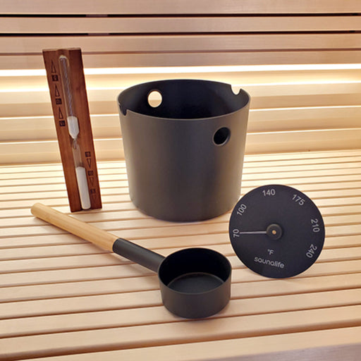 SaunaLife Essentials Set 2 (1-Gallen Wooden Gallen Sauna Bucket, Wood Ladle, Sand Timer and Thermometer)