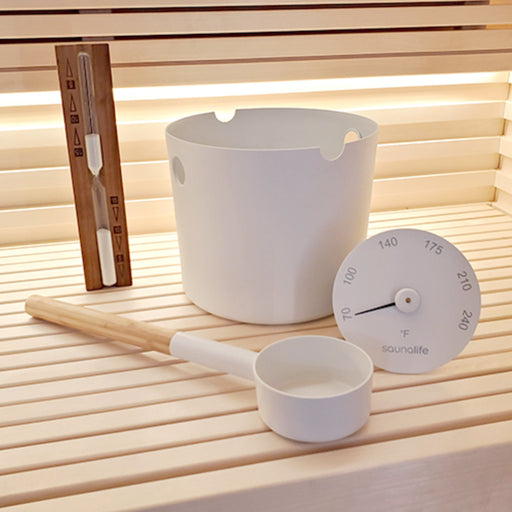 SaunaLife Essentials Set 2 (1-Gallen Wooden Gallen Sauna Bucket, Wood Ladle, Sand Timer and Thermometer)