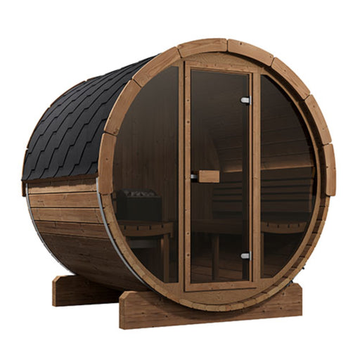 SaunaLife Model E7G Ergo-Series 4-Person Traditional Outdoor Barrel Sauna with Full-Glass Front