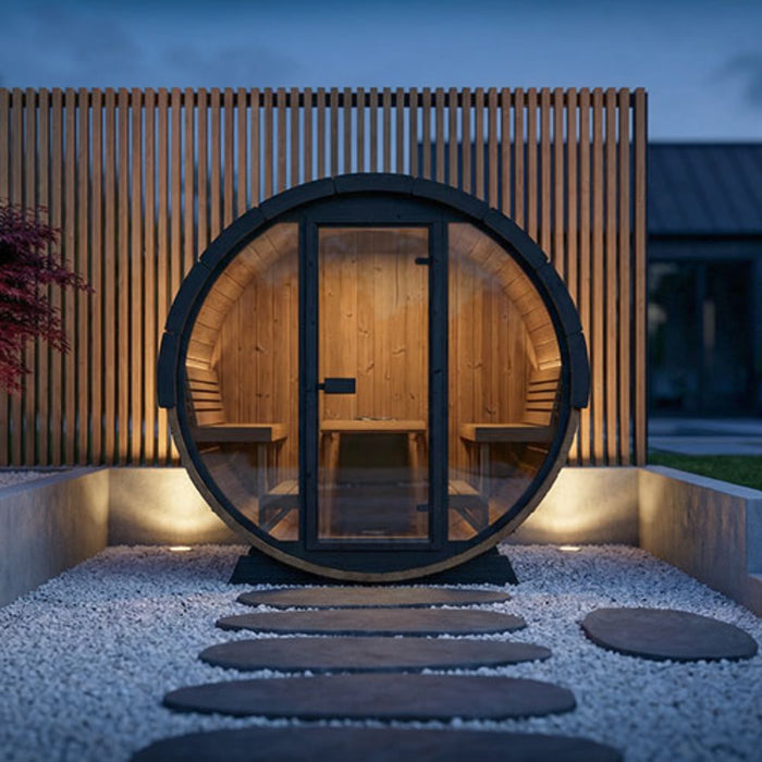 SaunaLife Model EE8G Ergo Elegance-Series 6-Person Traditional Outdoor Barrel Sauna with Full-Glass Front