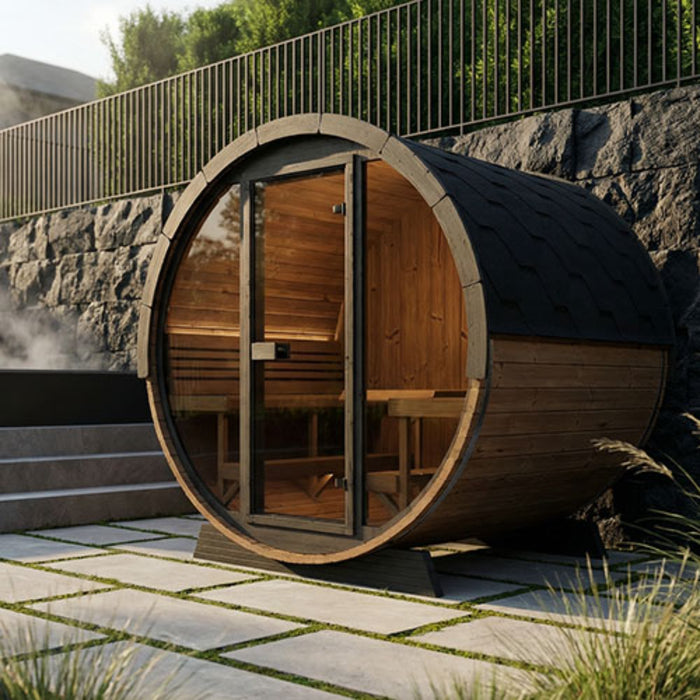 SaunaLife Model EE8G Ergo Elegance-Series 6-Person Traditional Outdoor Barrel Sauna with Full-Glass Front