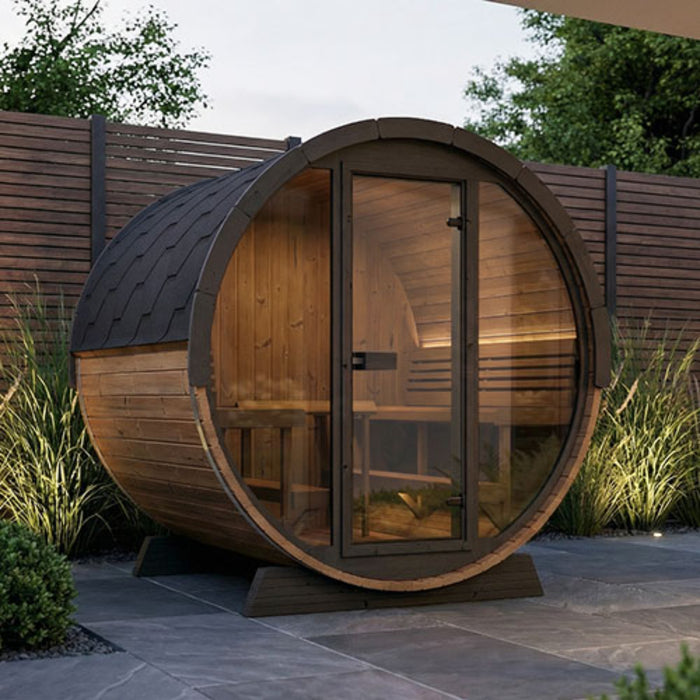 SaunaLife Model EE8G Ergo Elegance-Series 6-Person Traditional Outdoor Barrel Sauna with Full-Glass Front