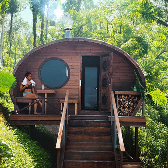 SaunaLife Model G11 Garden-Series 8-Person Traditional Outdoor Barrel Sauna with Changeroom