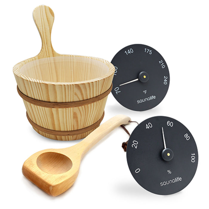 SaunaLife Accessory Package 3 (1-Gallon Wooden Sauna Bucket, Wood Ladle, Black Thermometer, and Hygrometer)