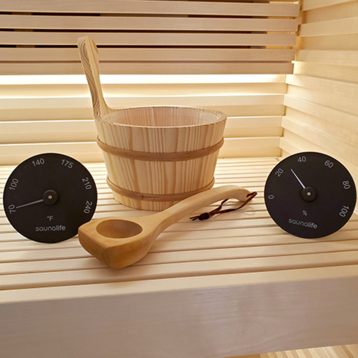 SaunaLife Accessory Package 3 (1-Gallen Wooden Sauna Bucket, Wood Ladle, Black Thermometer, and Hygrometer)