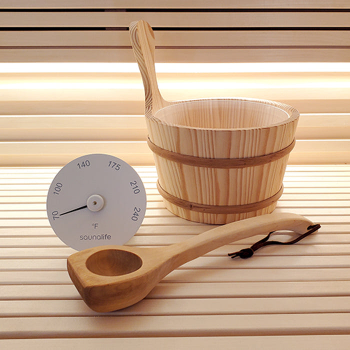 SaunaLife Accessory Package 4 (1-Gallon Wooden Sauna Bucket, Wood Ladle, and Fahrenheit Thermometer)