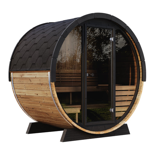 SaunaLife Model EE6G Ergo Elegance-Series 4-Person Traditional Outdoor Barrel Sauna with Full-Glass Front
